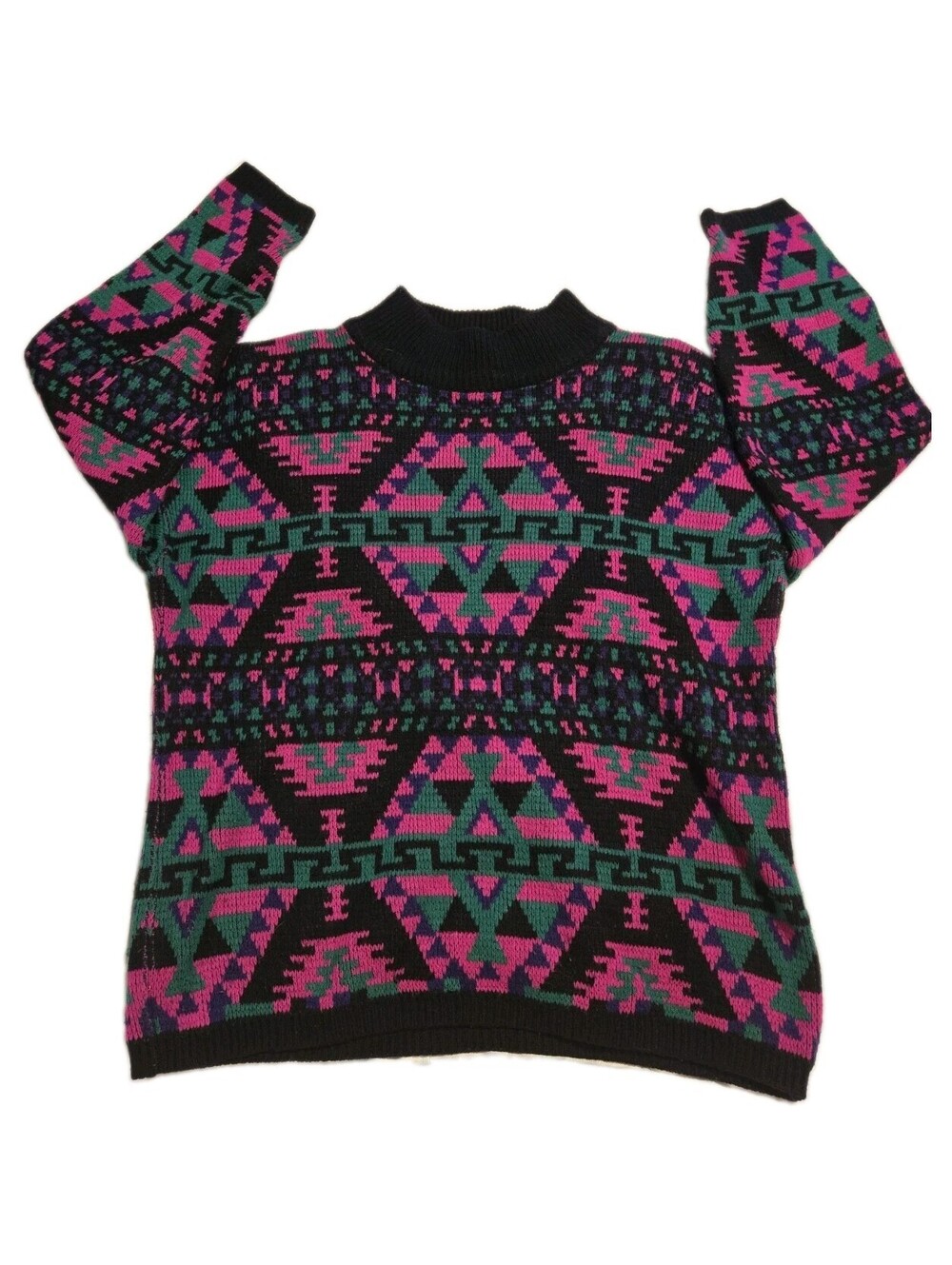 Vintage 90s Jamie Scott Geometric Pattern Knit Sweater Pink Green Acrylic S 80s - Picture 4 of 7